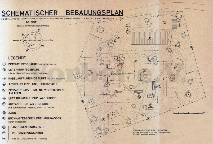 Schematischer Bebauungsplan eines GSVBw-Grundstücks. In der Bildmitte befindet sich der Bunker bzw. Fernmeldebunker (Objekt 1).