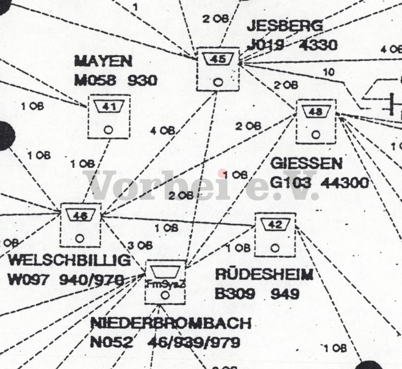Netzplanauszug BwGN des FmSysBer 4 (Stand 1993). Die Übersicht zeigt die Fernsprechverbindungen in NF-Lage zwischen der GSVBw 45 Jesberg und den benachbarten GSVBw.