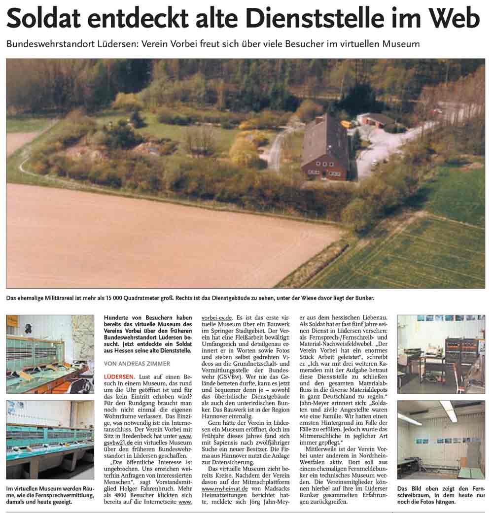 Soldat entdeckt alte Dienststelle im Web - Bundeswehrstandort Lüdersen - Verein Vorbei freut sich über viele Besucher im virtuellen Museum.
