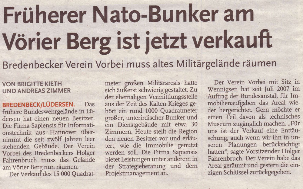 Früherer Nato-Bunker am Vörier Berg ist jetzt verkauft - Bredenbecker Verein Vorbei muss altes Militärgelände räumen.