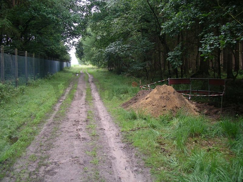 Der Waldweg an der Westseite der GSVBw 22. Eine Fernmeldekabel-Trasse wurde durch ein Fachunternehmen freigelegt und die Baugrube mit einer Absperrung gesichert.