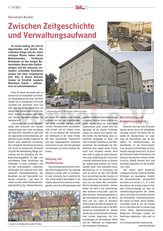 Der Beitrag “Hannovers Bunker” in der Mitarbeiterzeitung 168… der Landeshauptstadt Hannover.