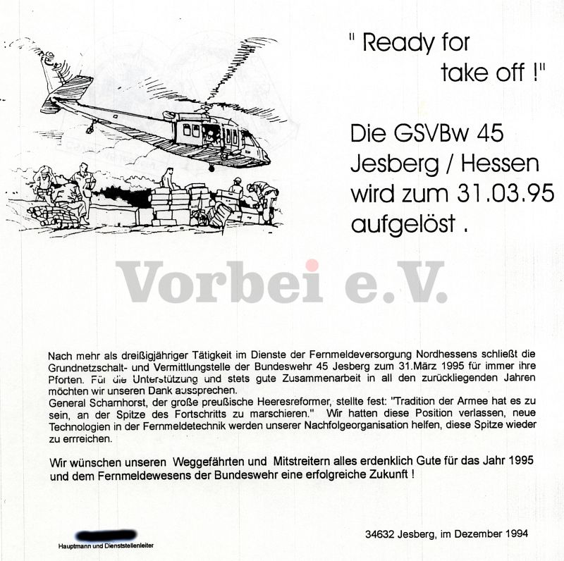 Informationsschreiben des Dienststellenleiters der GSVBw 45 (Dez. 1994 / Archiv Vorbei e.V.). Persönliche Angaben wurden unleserlich gemacht.