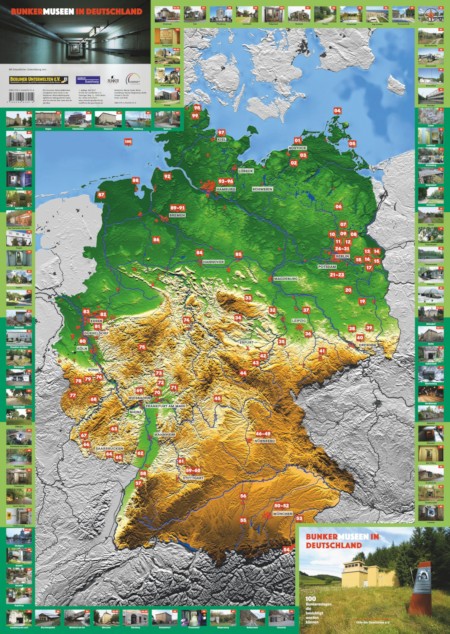 Die Vorderseite der Übersichtskarte zeigt 100 Bunkermuseen in Deutschland mit Ortsmarkierungen an.