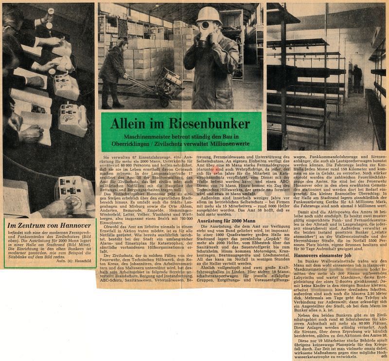 Das Foto zeigt den Bericht "Allein im Riesenbunker". Der Bericht ist am 15. April 1969 in der Hannoverschen Allgemeinen Zeitung erschienen. Er beinhaltet auch Informationen zum Schutzbau Wallensteinstraße - dem heutigen Museumsbunker Hannover.