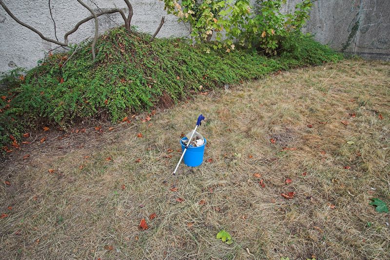 Die Grünfläche vor dem Bunker wird gereinigt. Auf der Rasenfläche steht ein blauer Kunststoffeimer zum sammeln des Abfalls. Am Eimer lehnt eine Abfall-Greifzange, mit der Abfall aufgehoben werden kann, ohne ihn zu berühren.
