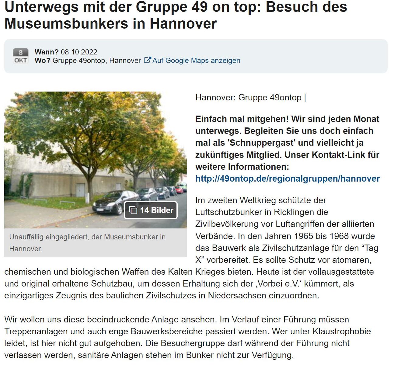 Ausschnitt eines Berichtes, den die Gruppe 49 on top über ihren Besuch im Museumsbunker Hannover auf der Plattform myheimat.de veröffentlicht hat.