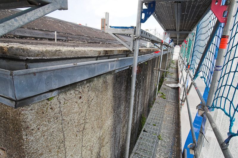Die Triebe des Weinbewuchses wurden vorsichtig von der Fassade abgelöst, so dass der obere Bereich des Filteranbaues vollständig vom Bewuchs befreit wurde. Diese Vorgehensweise erfolgte dann absteigend auf jeder Etage des Baugerüstes. Die Triebe des Weinbewuchses wurden vorsichtig von der Fassade abgelöst, so dass der obere Bereich des Filteranbaues vollständig vom Bewuchs befreit wurde. Diese Vorgehensweise erfolgte dann absteigend auf jeder Etage des Baugerüstes.
