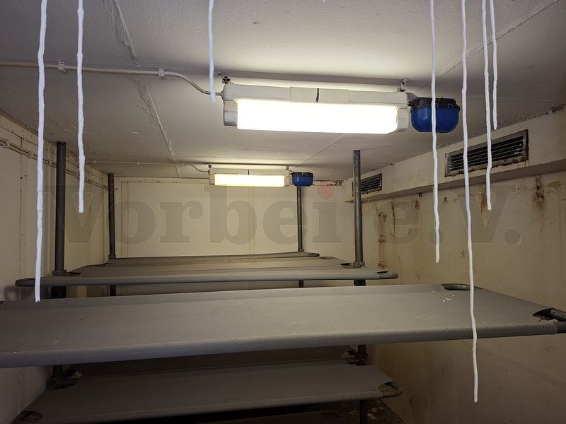 In diesem Liegeraum im dritten Obergeschoss sind noch deutlich die Stalaktiten erkennbar, die sich &uuml;ber viele Jahre infolge von Kalkauswaschungen durch eindringendes Wasser gebildet haben. Nach der erfolgreichen Dachsanierung sind die Eintrittsstellen nun trocken.