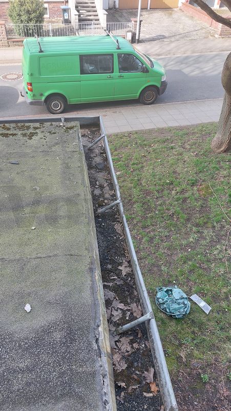 Blick in die mit Laub und Split gefüllte Dachrinne. Zur Vermeidung von Schäden durch Staunässe und zum langfristigen Erhalt der denkmalgeschützten Anlage ist eine Reinigung unbedingt notwendig. Blick in die mit Laub und Split gefüllte Dachrinne. Zur Vermeidung von Schäden durch Staunässe und zum langfristigen Erhalt der denkmalgeschützten Anlage ist eine Reinigung unbedingt notwendig.