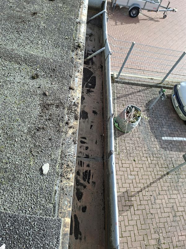 Die gereinigte Regenrinne auf dem Zugangsbauwerk an der Süd-Ost-Seite des Bunkers. Auf dem Parkplatz steht bereits ein gefüllter Grüngut-Sammelbehälter zur späteren Entsorgung bereit. Die gereinigte Regenrinne auf dem Zugangsbauwerk an der Süd-Ost-Seite des Bunkers. Auf dem Parkplatz steht bereits ein gefüllter Grüngut-Sammelbehälter zur späteren Entsorgung bereit.